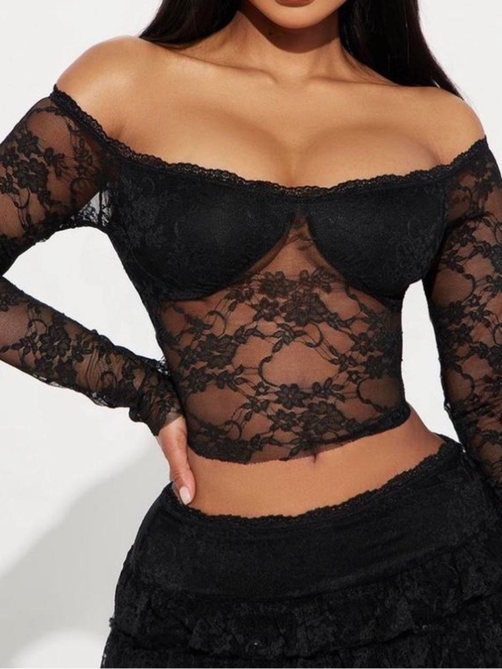 Fashion Nova Black Lace Off-Shoulder Sheer Crop Top